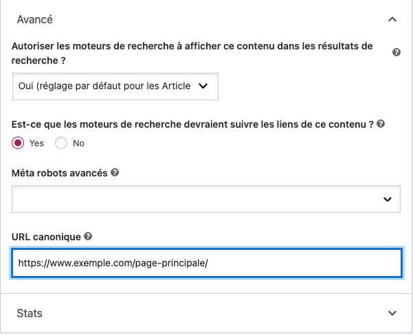 image de l'interface de yoast SEO pour les url canoniques