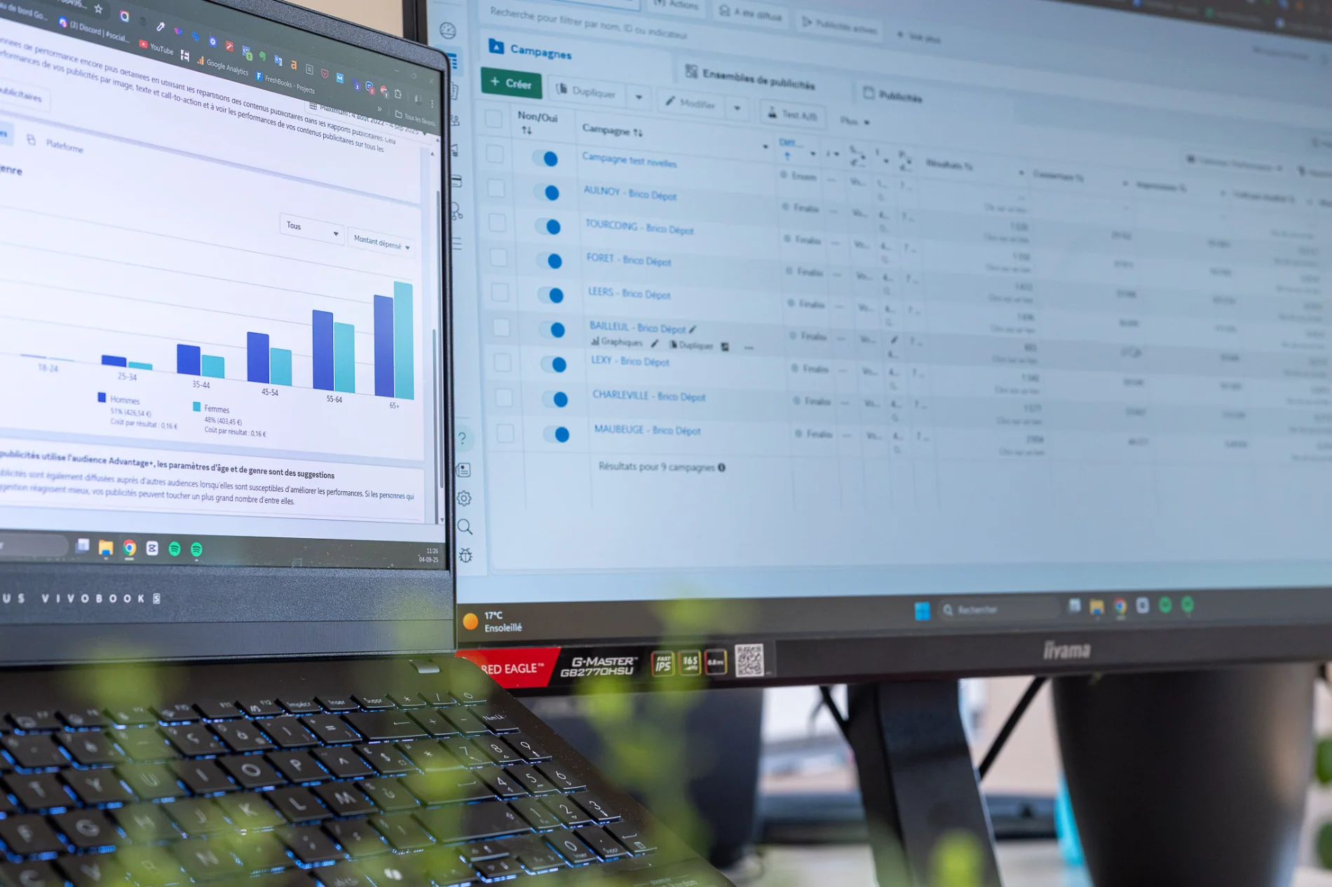 Écrans d'une agence social ads avec des dashboards et rapports Meta