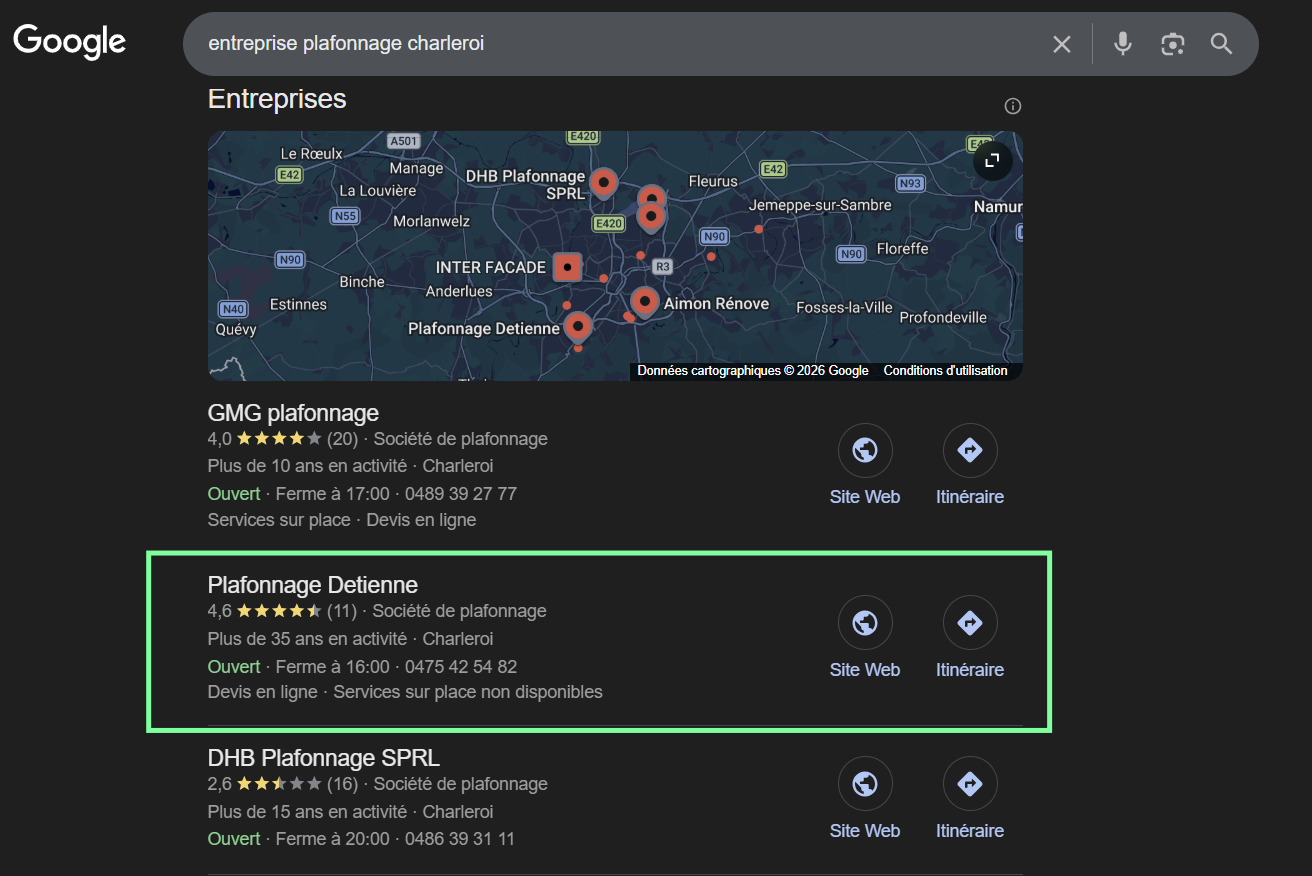 Fiche d'établissement Google de Plafonnage Detienne